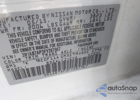 2015 Nissan Sentra S z USA, uszkodzony, nr VIN 3N1AB7AP3FY287967